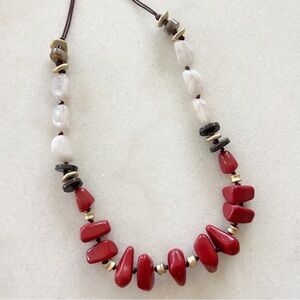 Chico’s Long Necklace Red White Stone Gold Brown Cord Summer Natural
